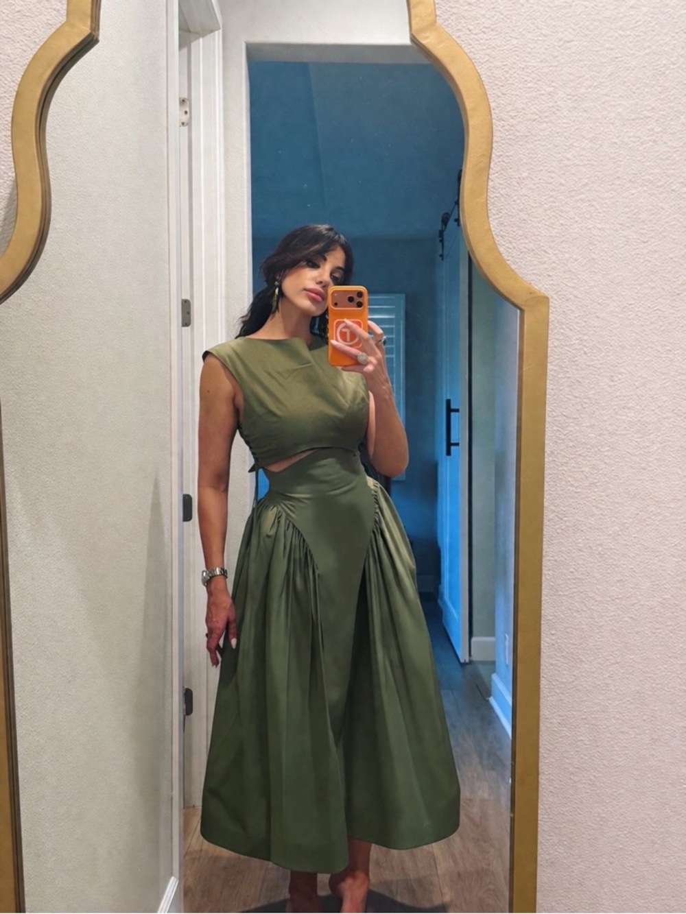 High-Waist Olive Midi Skirt with Gathered Side Panels